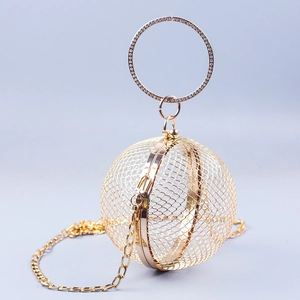 Golden hollow sphere evening bag with mesh texture and rhinestone ring handle for women