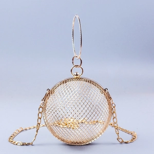 Detailed view of golden hollow wire mesh spherical evening bag with round handle