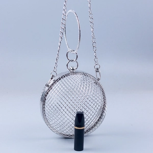 Spherical Evening Bag Hollow Metal Mesh Round Ball Clutch With Rhinestone Ring Handle And Detachable Chain For Women
