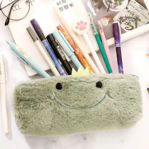 Cute green plush dinosaur pencil case with embroidered face and large storage capacity