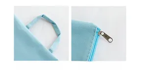 Detail of reinforced double-stitching on handles and durable zipper of blue A4 file bag