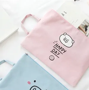 Pink and blue canvas A4 file bags with zipper and cute pig print for documents