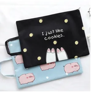 Large A4 zipper document bag with portable handle featuring cute cartoon pig and cookie designs