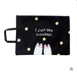Black canvas laptop document bag with I just like cookies print and white handle