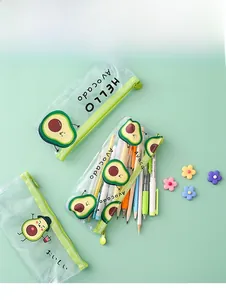 Macro detail of transparent PVC avocado pencil case with green zipper and cute graphics