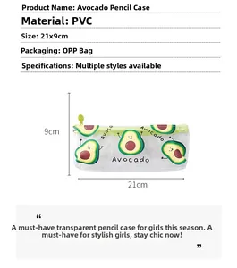 Detail view of transparent PVC avocado pencil case showing 21x9cm size and cute pattern