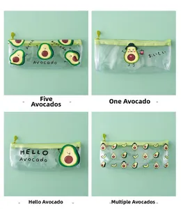 Detail of four transparent PVC avocado pencil cases with green zippers and cute prints