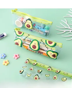 Macro detail of transparent avocado PVC pencil cases with frosted texture and zipper