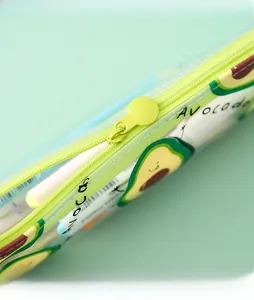 Close-up of smooth zipper on a transparent avocado print waterproof pencil case
