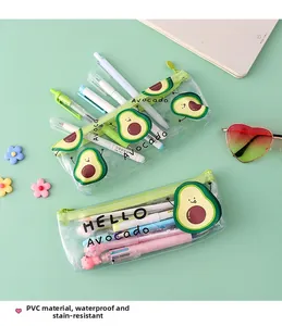 Detail of transparent PVC avocado pencil case showing storage capacity and cute cartoon design