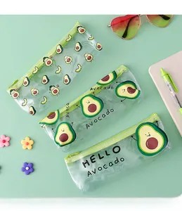 Three transparent PVC pencil cases with green avocado patterns and zipper closure set