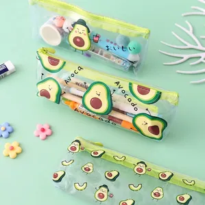 Transparent PVC pencil case with avocado pattern and zipper closure in fresh light green