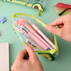 Transparent PVC pencil case with cute avocado pattern and green edge trim detail