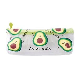 Transparent avocado print pencil case made of waterproof PVC with a green zipper