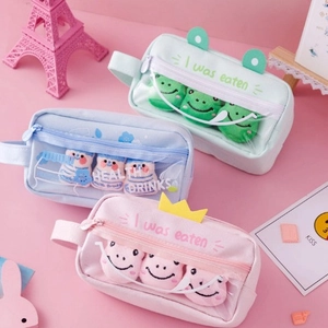 Astuccio in Tela ad Alta Capacità con Finestra Trasparente Cartone Animato Carino Borsa di Cancelleria Portatile per Studenti Ragazze Bambini