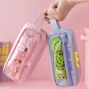 Astuccio carino di grande capacità in rosa e viola con finestra in PVC trasparente