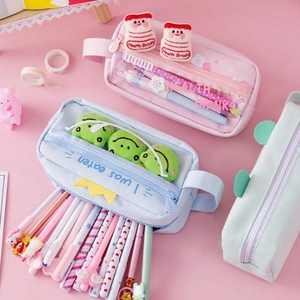 Astuccio per matite carino in tela grande capacità in rosa, blu e verde con ricami