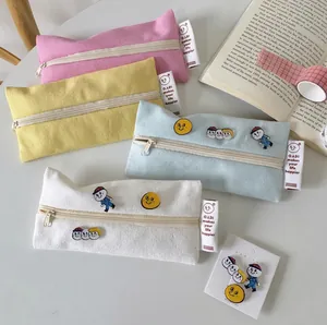 Canvas Pencil Case Macaron Color Square Zipper Pouch Cute Cartoon Patch Stationery Storage Bag For Students
