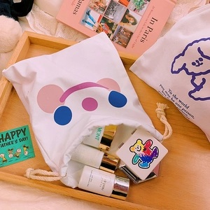 Cute canvas drawstring pouch with smile and puppy print for daily storage