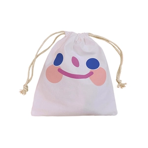 Cute white drawstring storage bag with cartoon smiley face and durable cotton ropes