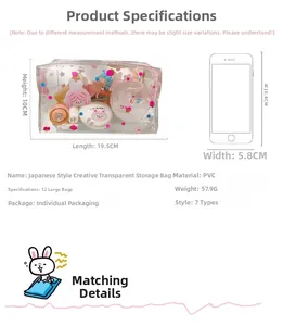 Detailed size specifications of waterproof clear PVC makeup bag with strawberry print