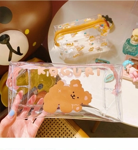 Close-up of cute transparent PVC bag featuring cartoon bear and Koguri text design
