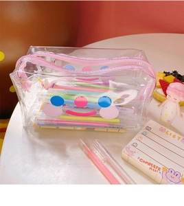 Close-up of transparent PVC makeup bag with pink zipper and cute smiley face pattern