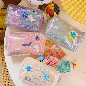Cute Space Planet Quicksand Cosmetic Bag Laser PVC Holographic Coin Purse With Sequin Glitter Liquid For Women Girls Storage Pouch