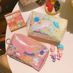 Cute star travel makeup bag with holographic finish and planet sand glitter detail