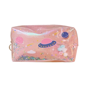 Pink laser planet makeup bag with star travel print and liquid glitter bottom