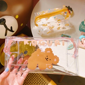 Cute transparent PVC makeup bag with bear print and waterproof large capacity design