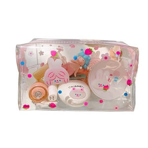 Cute transparent strawberry print makeup bag with pink zipper for girl storage