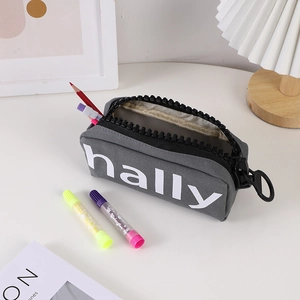 Large capacity grey canvas pencil case with bold oversized zipper and hally logo print
