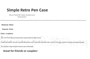 Detailed size specifications for blue plaid pencil case measuring 18.5x5x6cm for storage