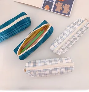 Detail view of large capacity salt series plaid pencil cases with smooth zipper