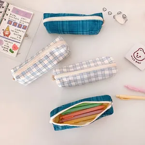 Retro Gingham Pencil Case Cotton Canvas Check Pattern Stationery Organizer Pouch School Office Minimalist Style Zip Closure