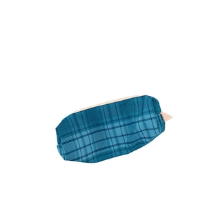 Blue plaid zipper pouch for stationery or makeup storage on a clean white background