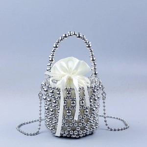 Handmade Silver Beaded Mini Bucket Bag For Women Niche Woven Hollow Out Crossbody Handbag With Satin Inner Pouch