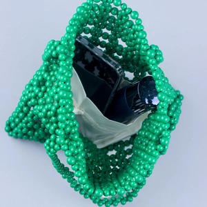 Green beaded hollow-out shoulder bag with drawstring pouch and phone storage