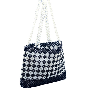 Handmade black and white beaded clover tote bag with vintage woven pearl pattern