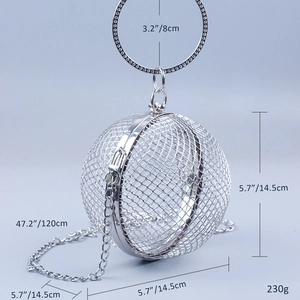 Detailed view of silver mesh sphere bag with rhinestone handle and size specifications