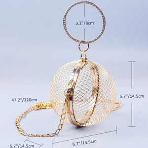 Detail of golden spherical mesh clutch bag showing dimensions and rhinestone handle