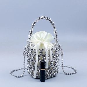 Handmade silver beaded mini bucket bag with satin drawstring pouch and chain strap