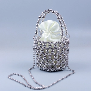 Handcrafted silver beaded bucket bag with white satin drawstring liner and chain strap