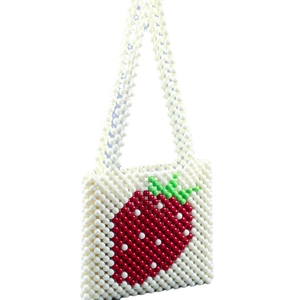 Handmade beaded strawberry shoulder bag with white pearls and vibrant red accent