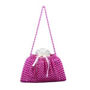 Fuchsia handmade beaded shoulder bag with white satin drawstring lining for summer