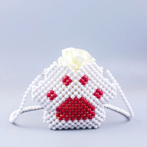 Handmade beaded crossbody bag with cute cat paw design and satin drawstring lining