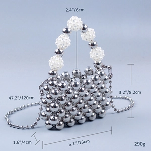 Detail view of silver beaded mini bag showing dimensions 13x8.2x4cm and white pearl handle