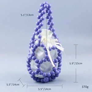 Detailed dimensions of purple beaded bucket bag with white satin drawstring lining