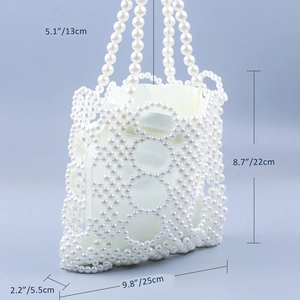 Detailed size specifications for handmade pearl beaded tote bag showing width and height
